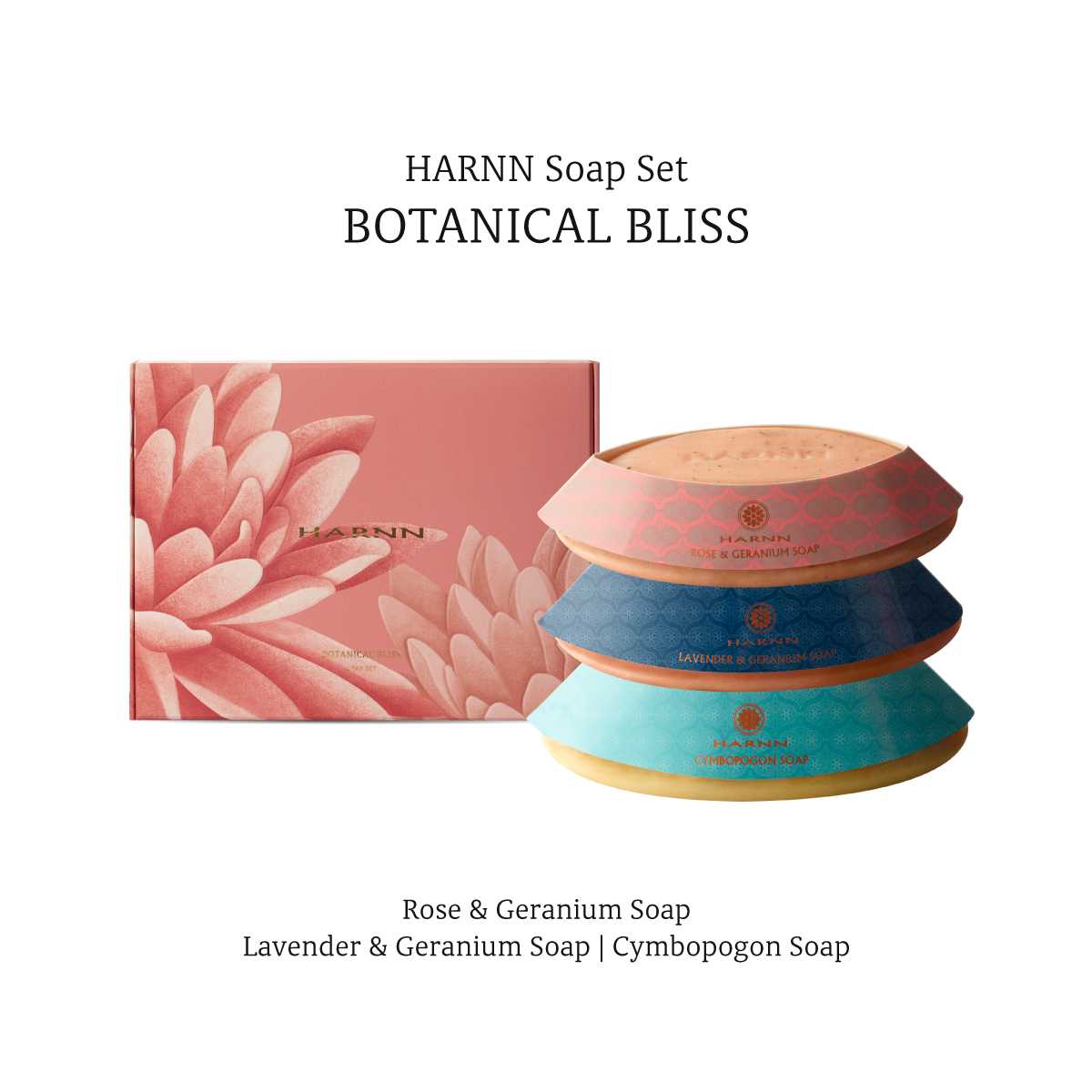 HARNN BOTANICAL BLISS SOAP SET (ROSE-LAVENDER-CYMBOPOGON)