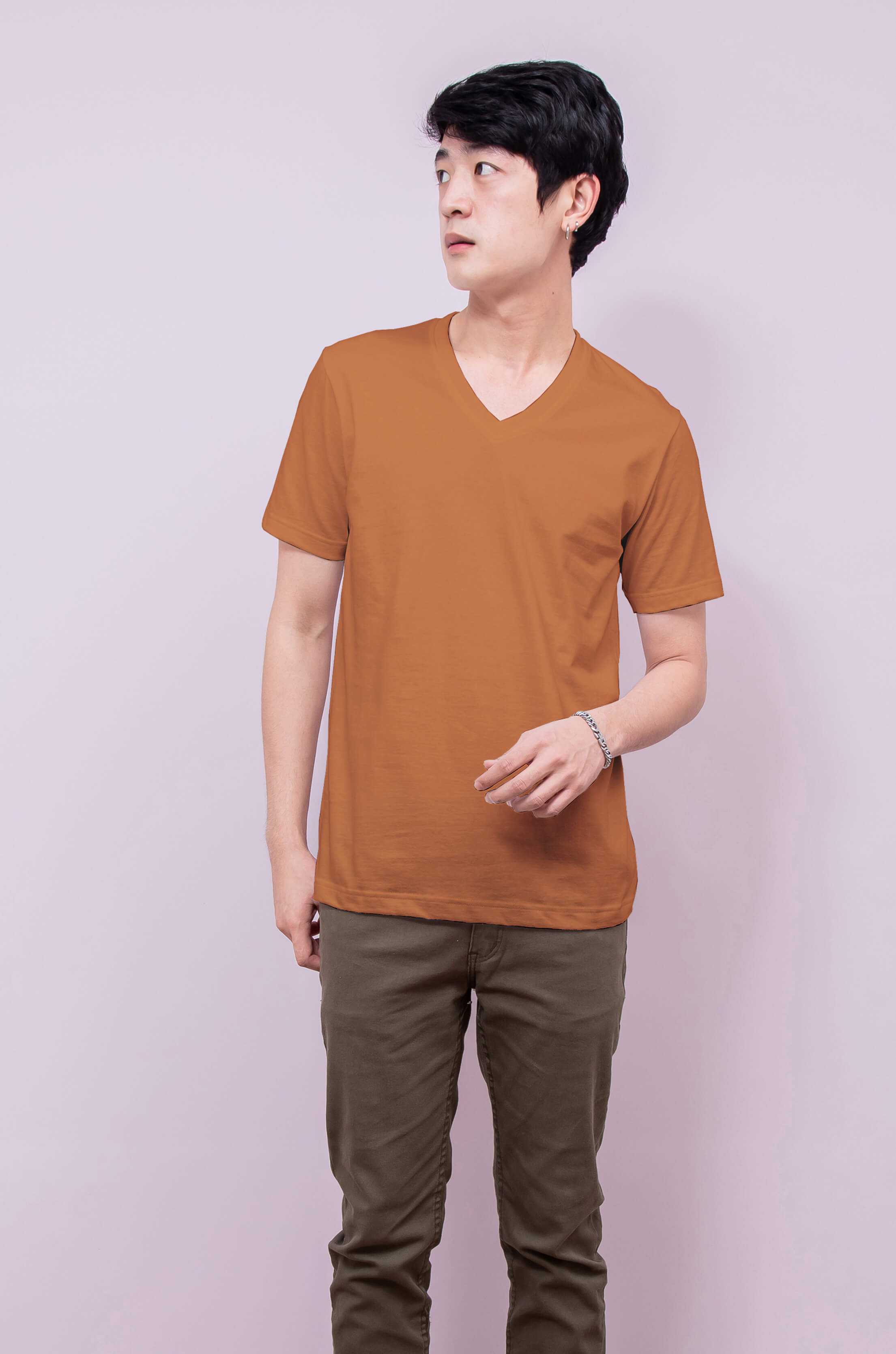Noproblem ยอดขาย No.1 รับประกัน ไม่ย้วย ไม่ยืด ผ้านุ่ม เสื้อยืด สีพื้น เสื้อยืดคอวี  สีเอสเปรสโซ