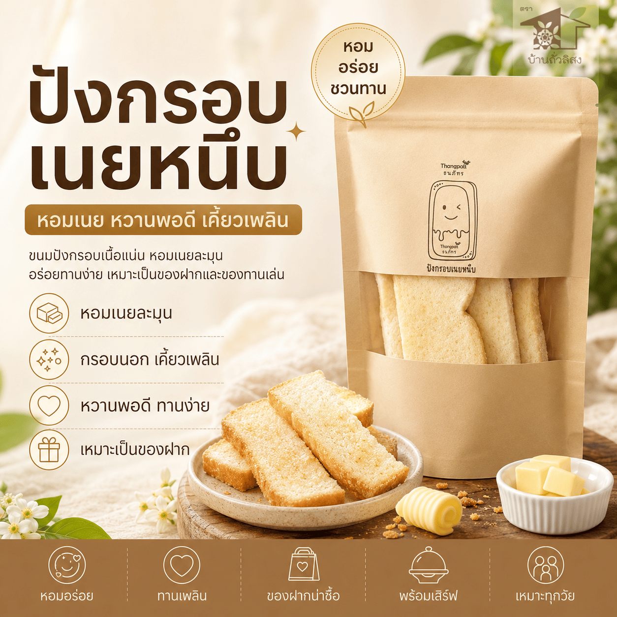 ขนมปังกรอบเนยหนึบ รสนมฮอกไกโด หอมเนยละมุน หวานกำลังดี