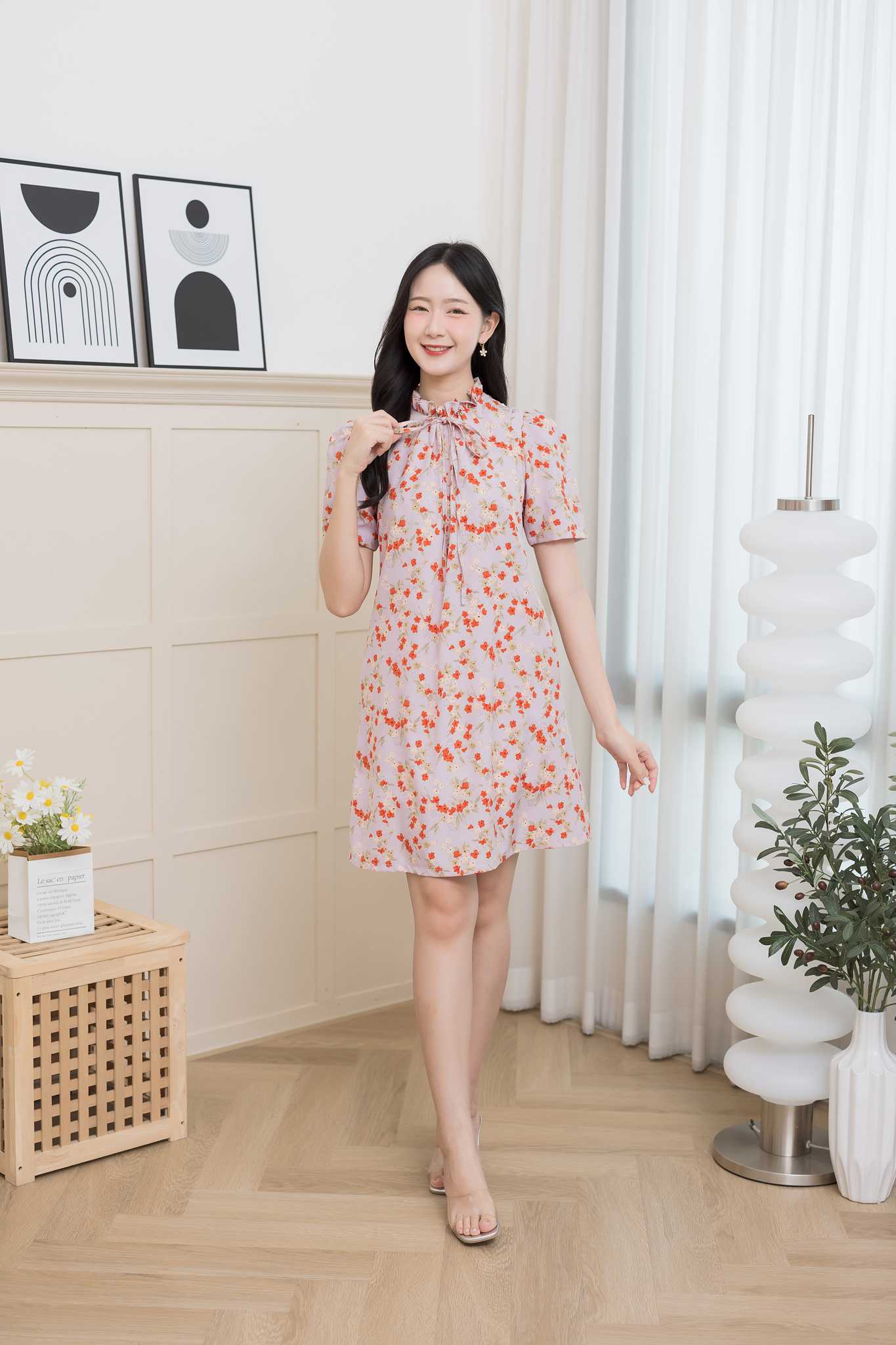 ชุดให้นม Purple floral fur dress