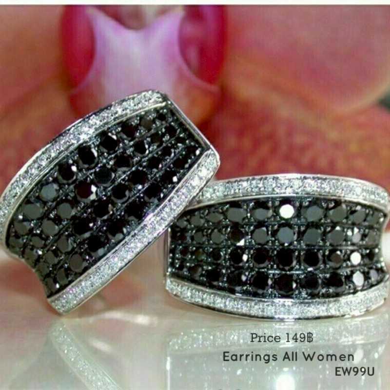 EW99U  ต่างหูห่วง สีเขียวดำ เครื่องประดับผู้หญิง ต่างหูออกงาน เงิน 925