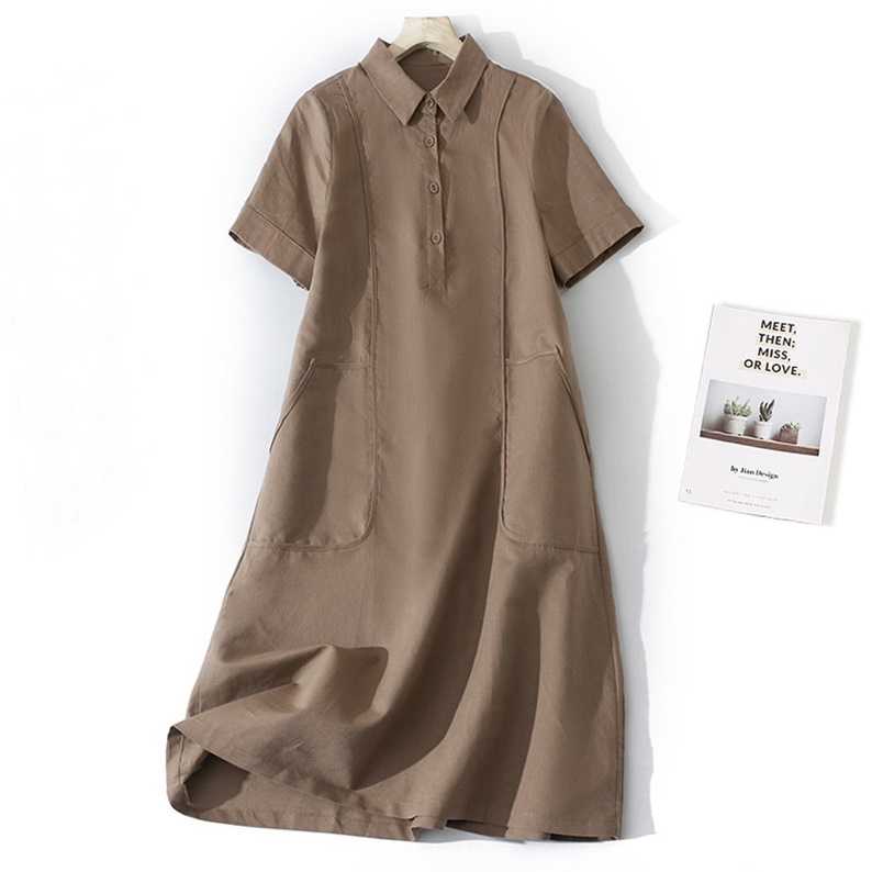 เดรสโทนสีพื้นแบบเรียบๆน่ารักดูดี ใส่ทำงานสุภาพมากๆ งานผ้าฝ้ายผสมลินิน - สีน้ำตาล
