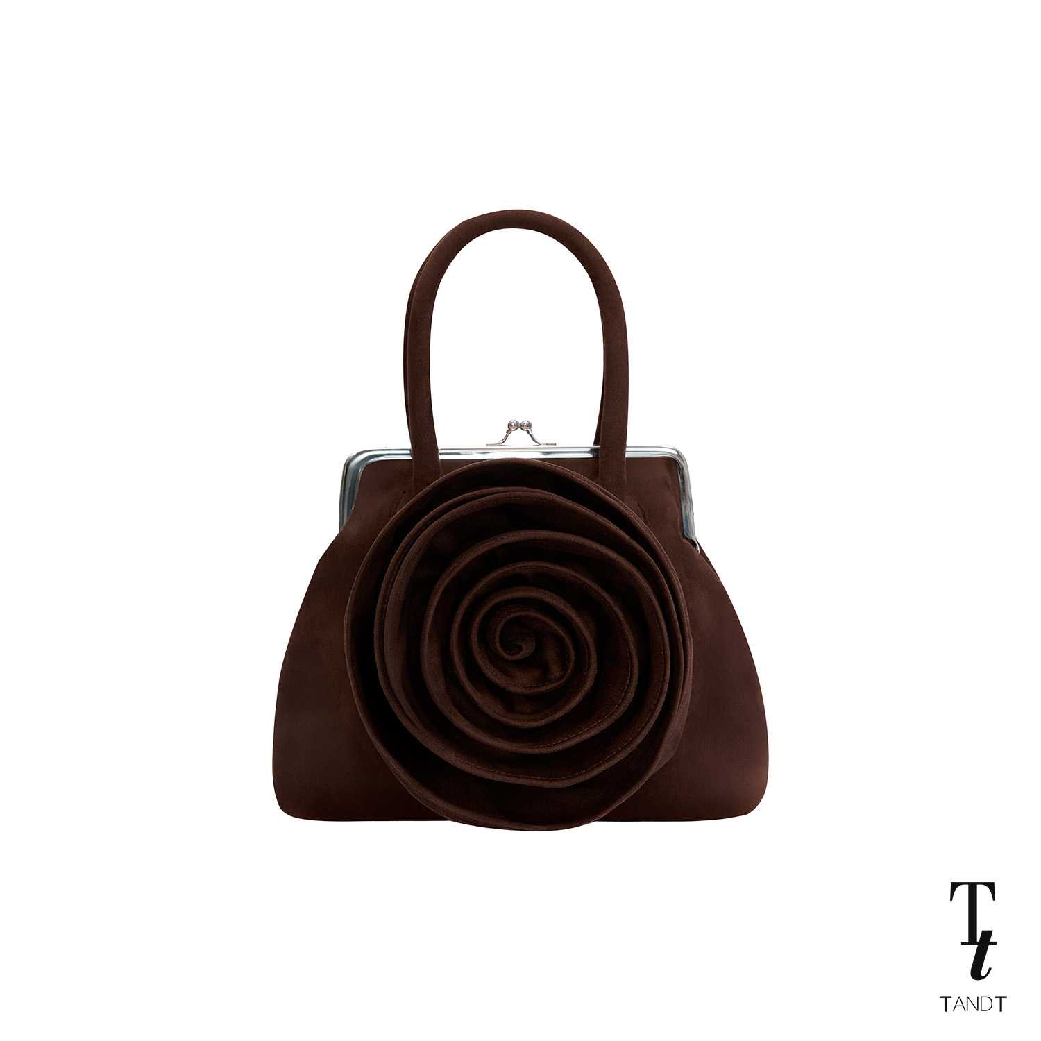 TandT - MINI ROSALYN BROWN - ROSE HAND-CRAFTED SUEDE MINI HAND BAG