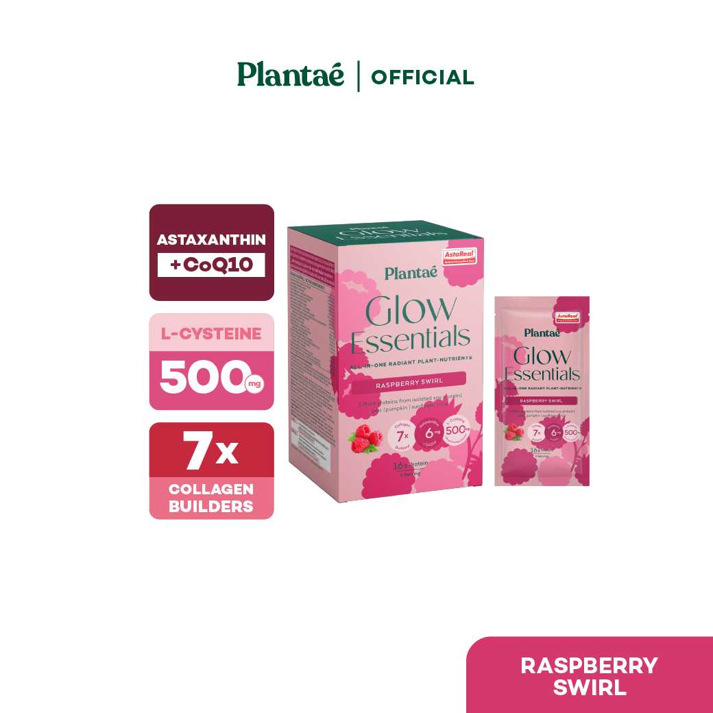 Plantae Glow Essentials : รส Raspberry Swirl 1 กล่อง 5 ซอง โปรตีนพืช อาหารผิว Astaxanthin CoQ10