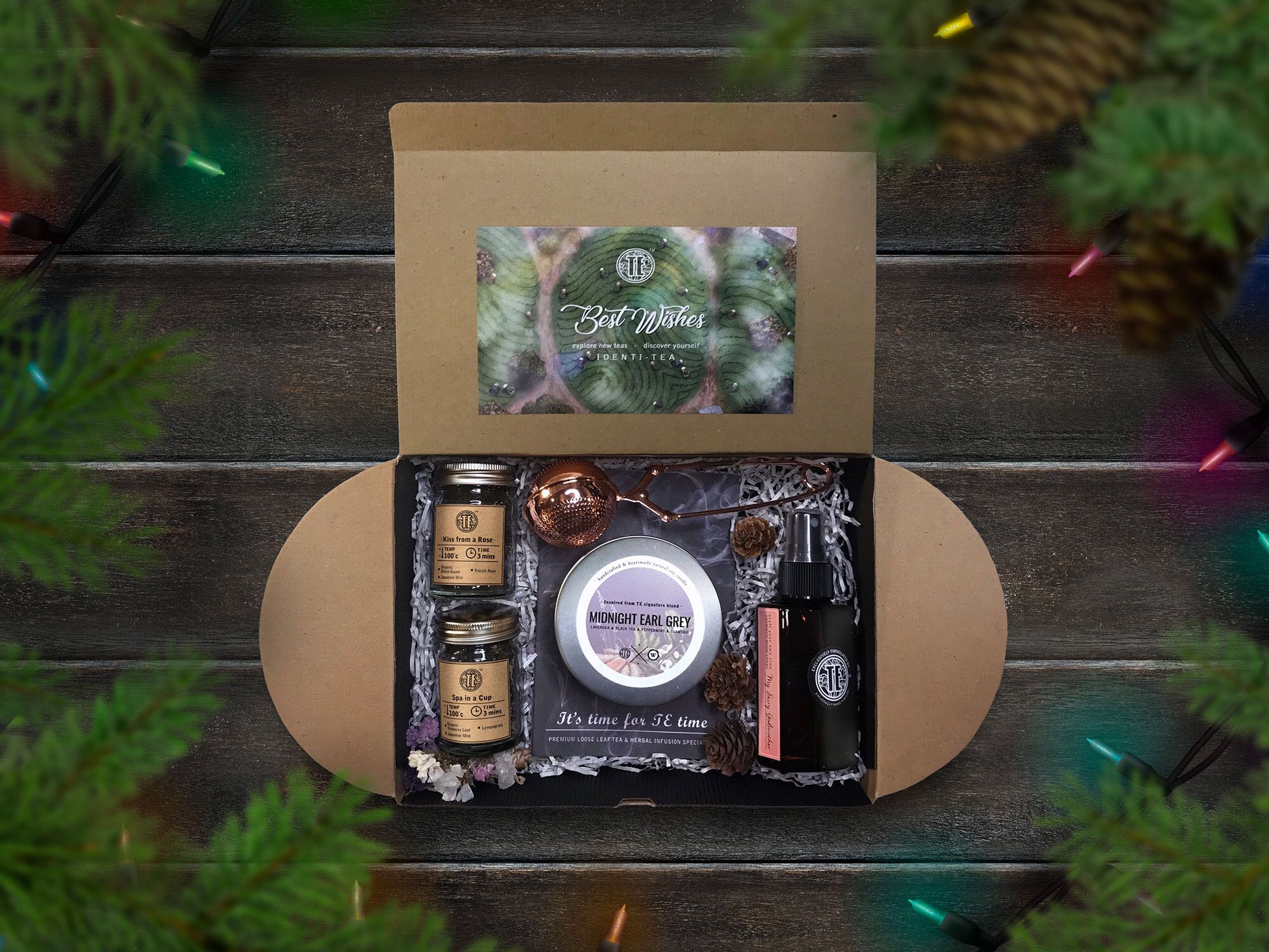 TE & Aroma Gift set: 2 tea, rose gold tea strainer, TE Inspired Soy Candle, TE Aromatic Room Spray