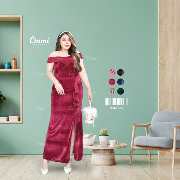 Ommishop ชุดราตรี 1134K-PS ปาดไหล่วีนก กำมะหยี่ เดรสออกงาน ชุดงานแต่ง เพื่อนเจ้าสาว เดรสสาวอวบ Pl...