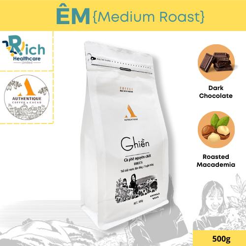 Authentique Coffee (เมล็ดกาแฟ) GHIỀN-Dark Roast (คั่วเข้ม) 100% Robusta 500g (Dark Chocolate)