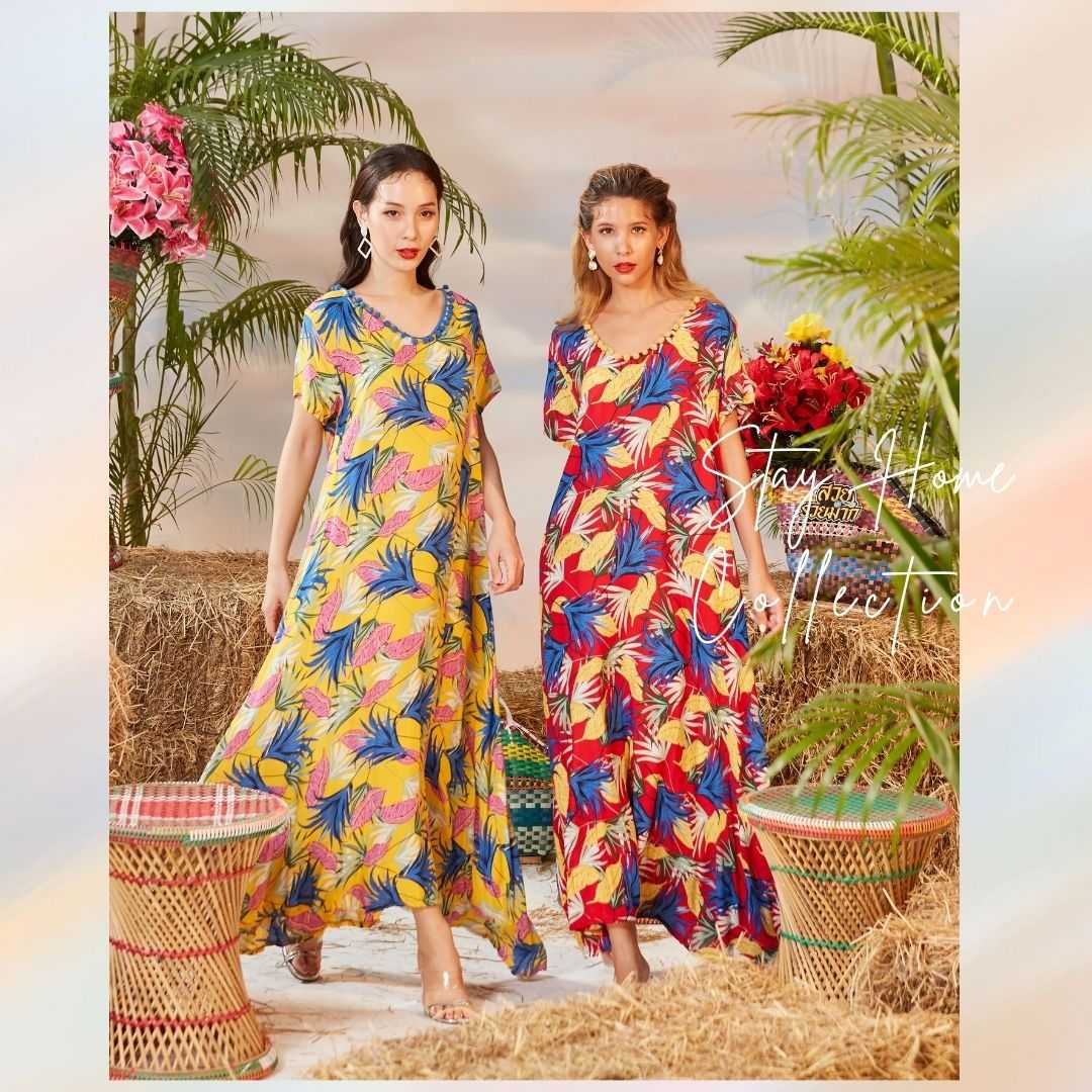Maxi คอวีตุ้งติ้งแขนสั้น Hawaii