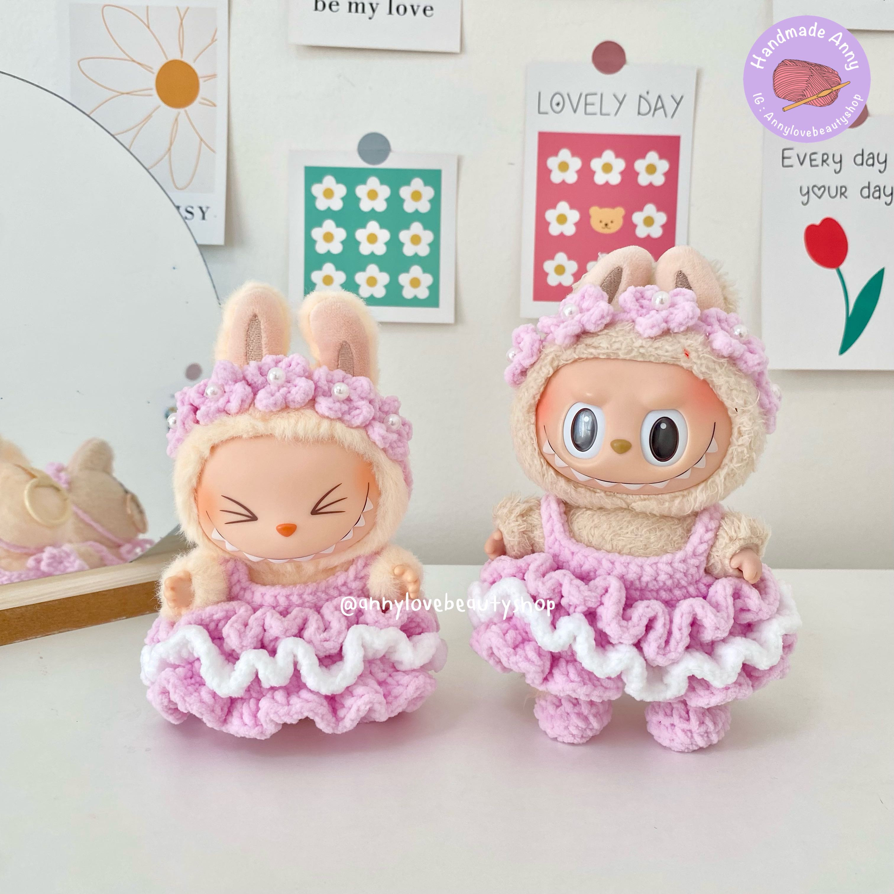 HandmadeAnny 💗 ชุดเซ็ตที่คาดผมดอกไม้+เดรสชั้นๆถักไหมพรม สำหรับลาบูบู้ V1,V2