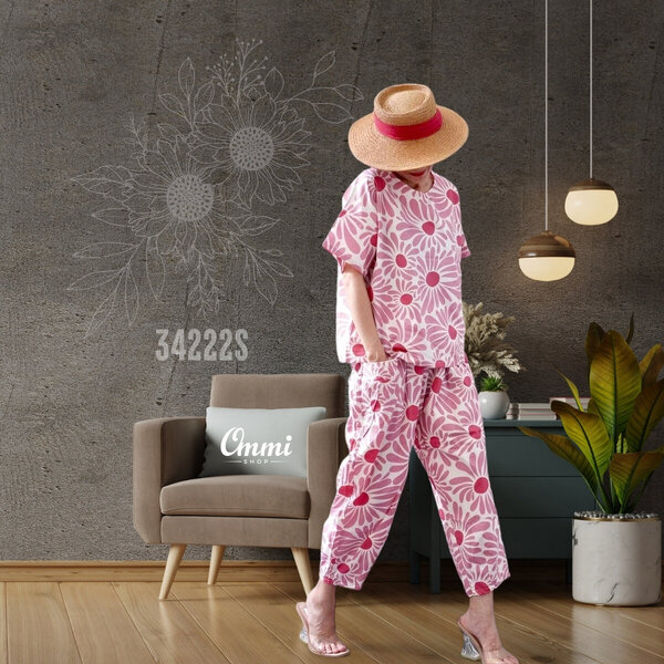 Ommishop 34222S ชุดเซ็ท เสื้อคอกลม และกางเกงขาจีบ ลายดอกทานตะวัน Cotton Japan 100% (Bonus)[34222]