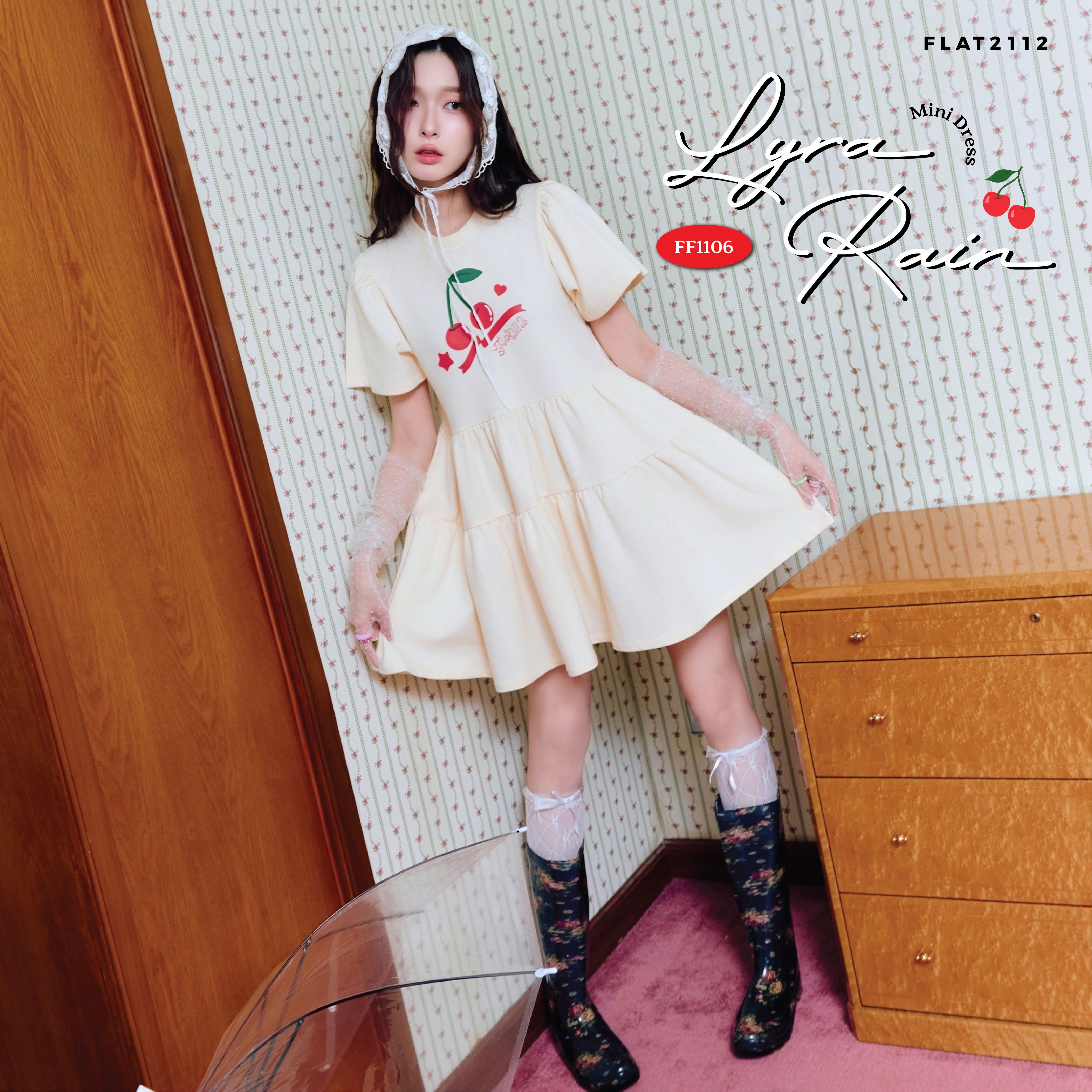 FLAT2112 FF1106 : LYRA RAIN MINI DRESS เดรสสั้น เดรสโอเวอร์ไซส์ เดรสแขนสั้น  แฟชั่นผู้หญิง