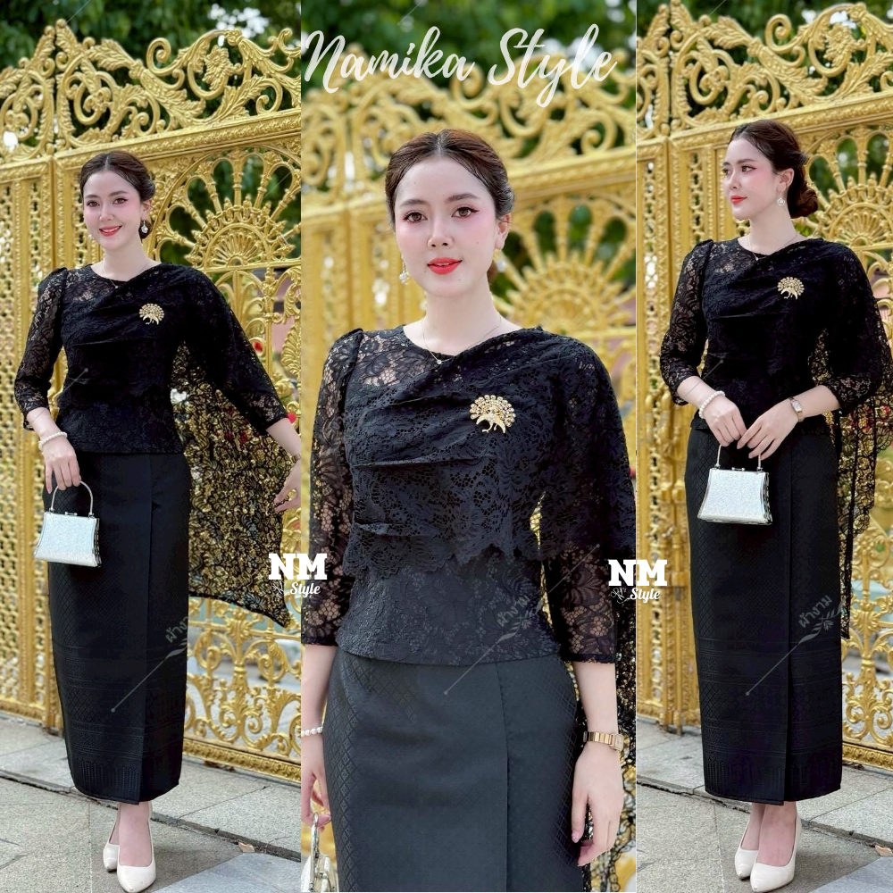 ผ้าถุงงานป้ายสำเร็จ ซิปซ่อนหลัง เนื้อผ้าไหมเทียมทอลาย ลายลูกแก้วราชวัตร ใส่ไปงานบุญ งานพิธี สวยมาก