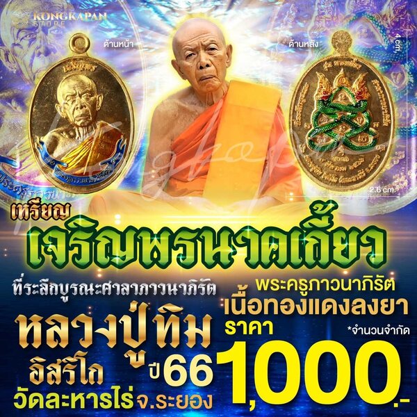 เหรียญเจริญพรนาคเกี้ยวที่ระลึกบูรณะศาลาภาวนาภิรัต เนื้อทองแดงลงยา ปี 66 หลวงปู่ทิม