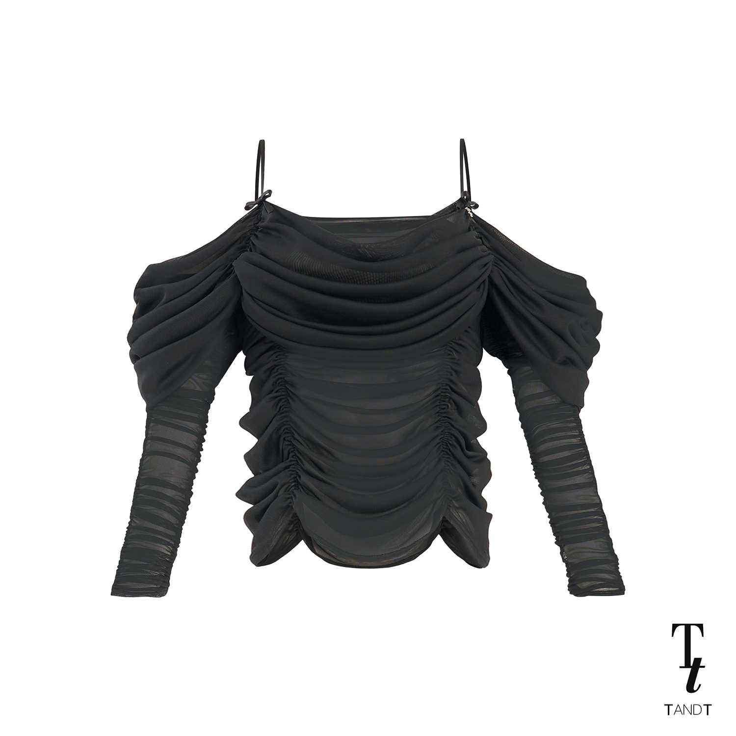 TandT - BRADLEY TOP - SPAGHETTI STRAP DRAPED RUCHED LONG SLEEVE TULLE TOP