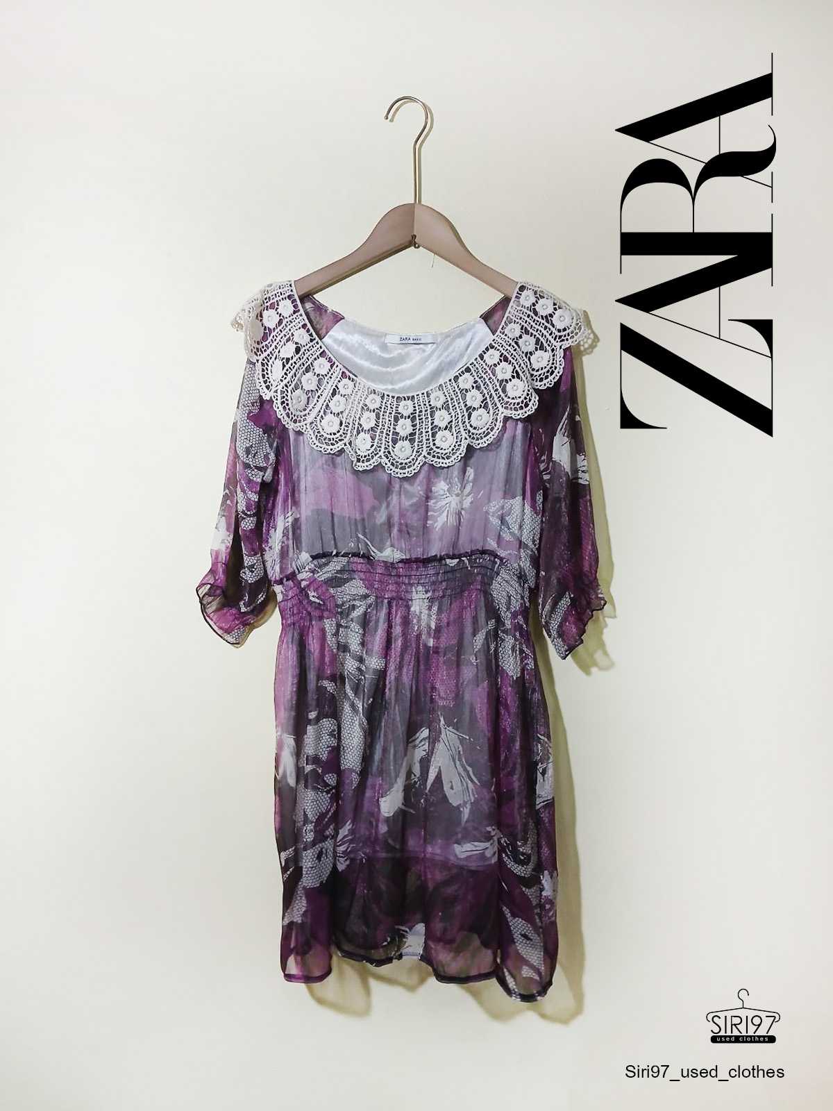 ชุดเดรสกระโปรงแขน5ส่วน ZARA สีม่วงขาว  เอวจั้ม แขนจั้ม รอบอก 36 ยาว 33 นิ้ว  สภาพ80% ไม่มีขาด