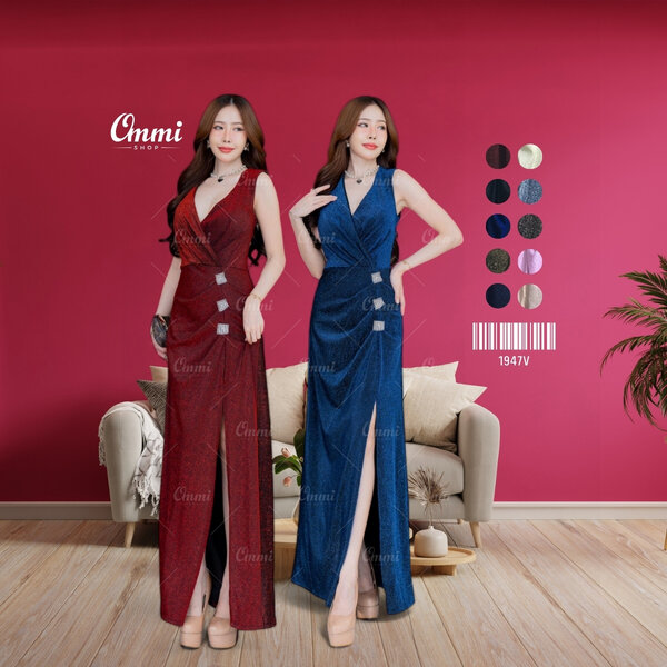 Ommishop ชุดราตรี 1947V จับจีบช่วงอกและเอว แต่งอะไหล่เพชร ผ้า Glitter เดรสออกงาน ชุดงานแต่ง เพื่อ...