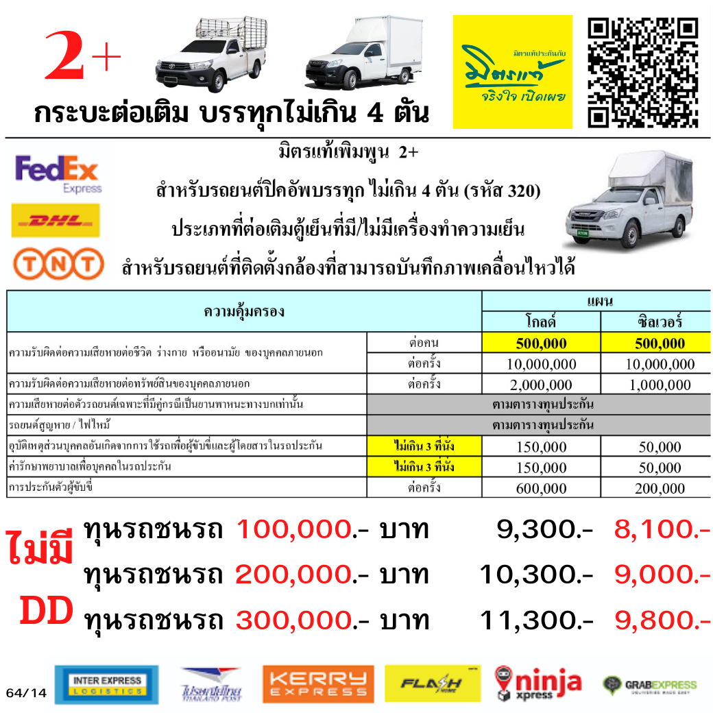 2+ รถกระบะแคป / ตอนเดียว  ที่ต่อเติม บรรทุกไม่เกิน 4ตัน รถขนส่งสินค้าและพัสดุ มิตรแท้ประกันภัย