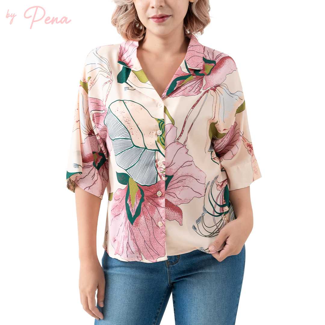 By Pena เสื้อเชิ๊ตผู้หญิง ทรงครอป คอฮาวาย แขนสั้น BPSS062401