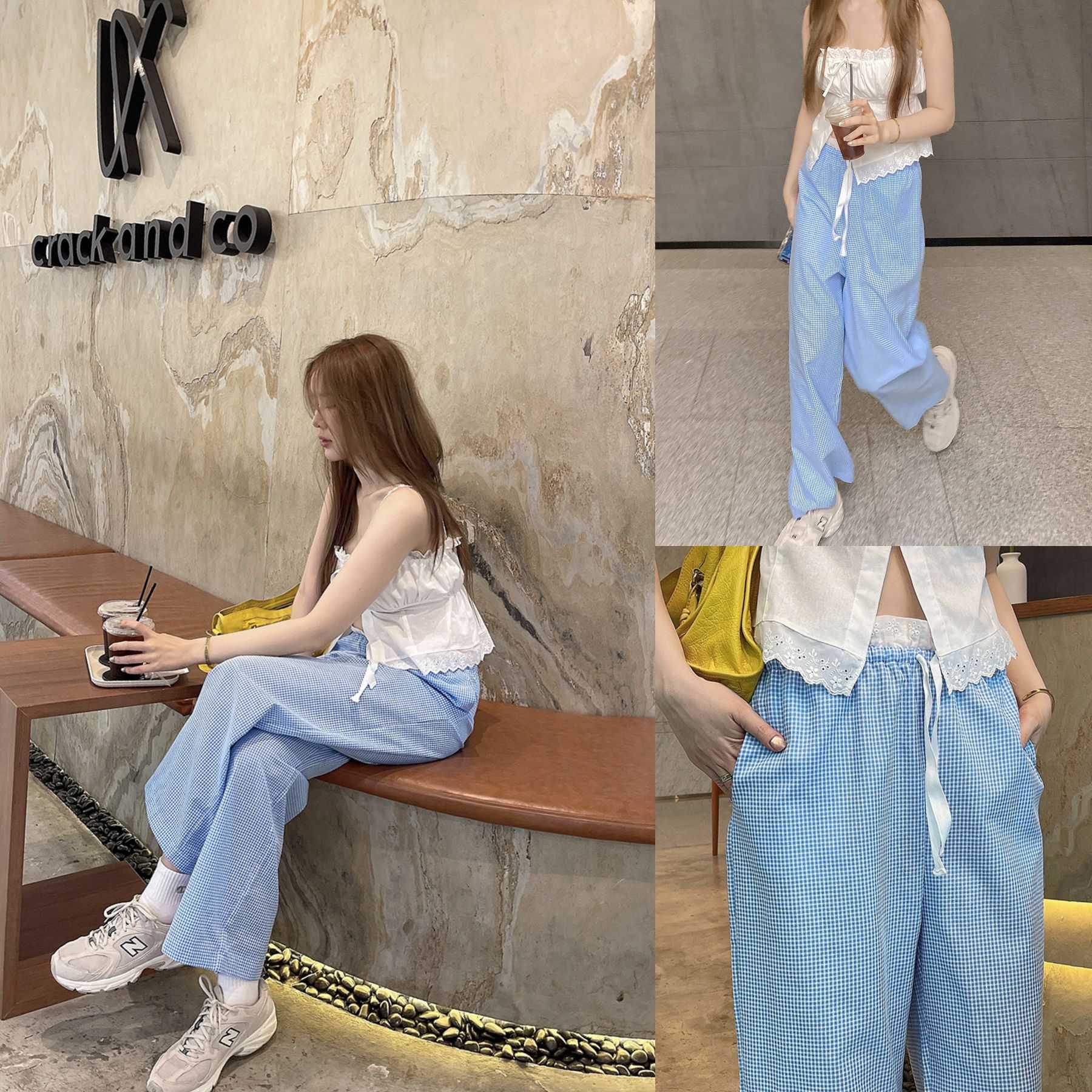 ฟ้า SLYQ GINGHAM RUFFLE WAIST PANTS กางเกงขายาวลายตารางเล็กเอวรูดแต่งลูกไม้
