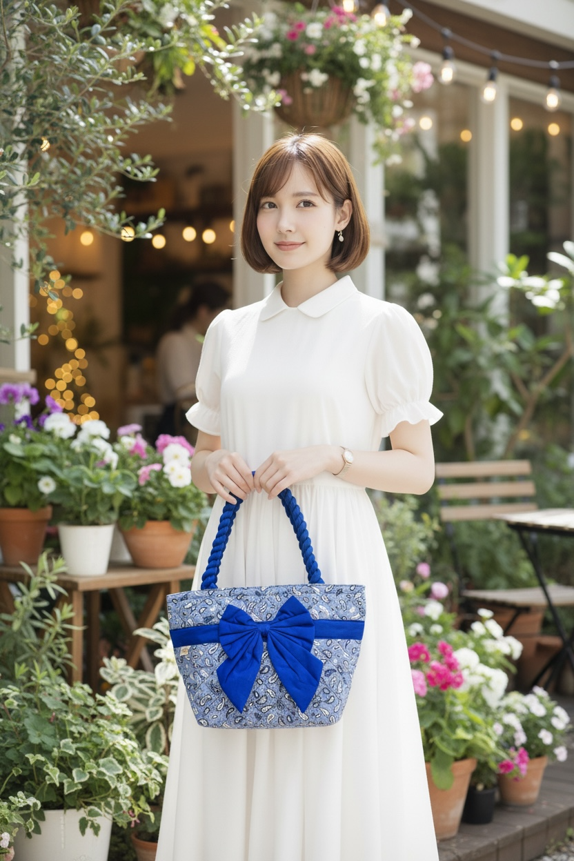 กระเป๋าผ้าคอตตอน ใบกลาง ทรง TOTE แต่งโบว์ สีน้ำเงิน ผ้าลายแพงตอน