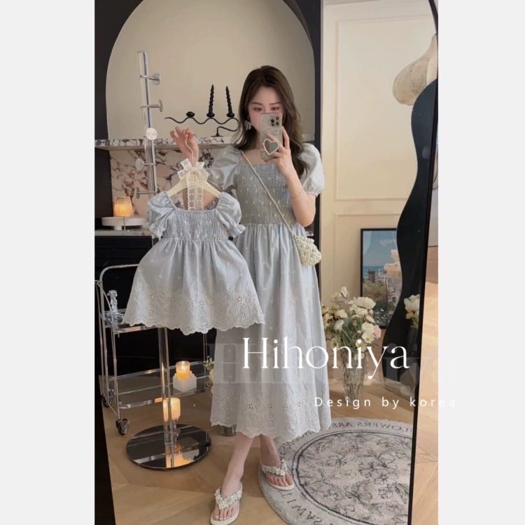 Pre order 10-14วัน เดรสแม่-ลูกสีฟ้า งานลูกไม้
