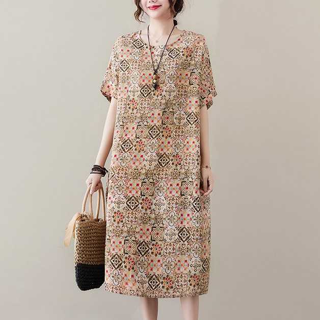 (ไซส์ใหญ่) เดรสลายดอกไม้โทนสีสวยเก๋น่าใส่ ผ้าฝ้ายผสมลินิน เนื้อผ้านิ่มมากใส่สบายไม่ร้อน - สีครีม