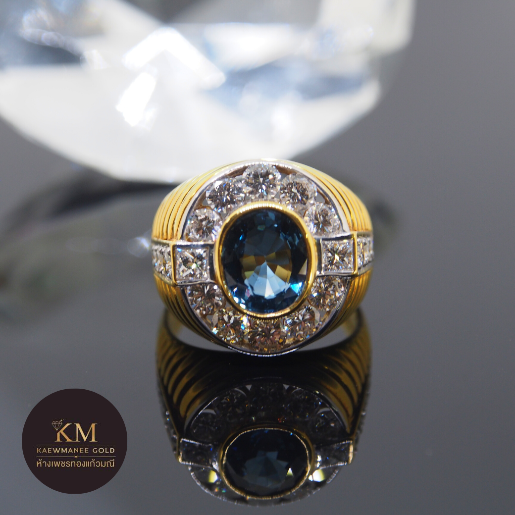 แหวนเพชร Diamond Round Blue Sapphire Pave Ring (90% Gold)