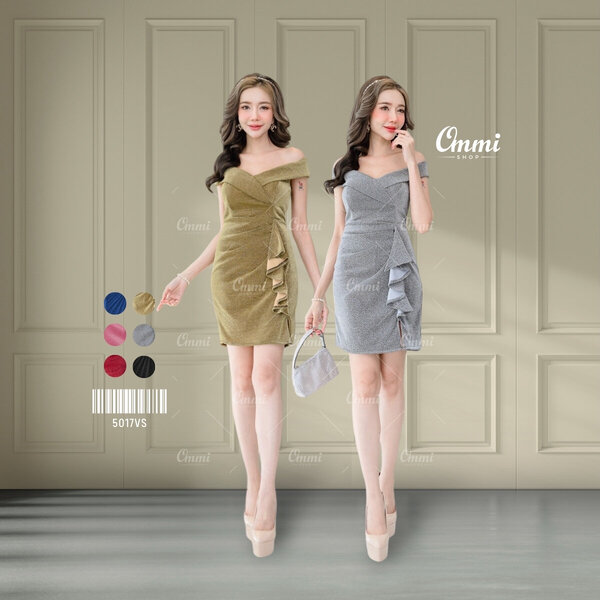 Ommishop ชุดราตรีสั้น 5017VS ปาดวีนก ผ้าวิ้งเพชร เดรสสั้น เดรสออกงาน ชุดงานแต่ง เพื่อนเจ้าสาว