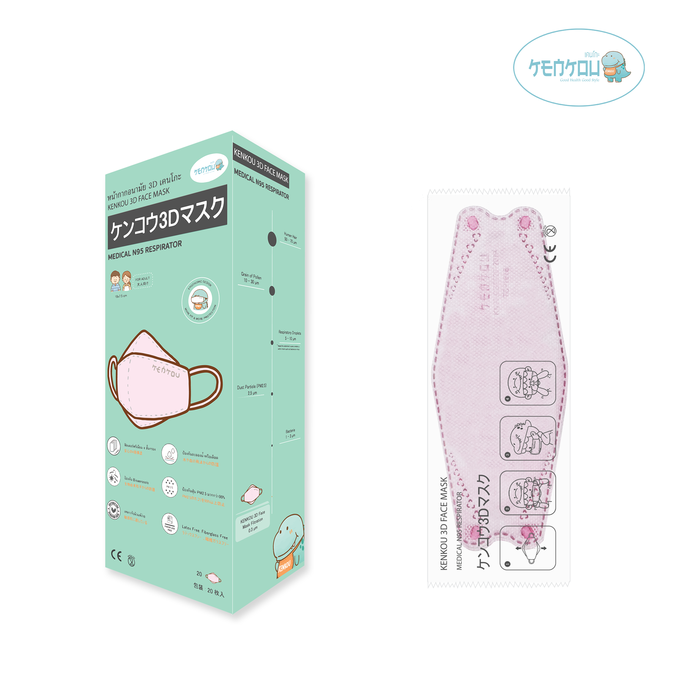 EXP:01052027  หน้ากากอนามัย 3D เคนโกะ สำหรับผู้ใหญ่ สีชมพู