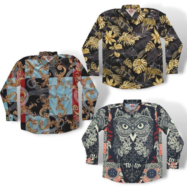 เสื้อเชิ้ตแขนยาวปกเชิ้ตลายแฟชั่น ผ้าPremium Grade ต่อลายเป๊ะพิมพ์เต็มหน้าหลัง ส่งฟรี