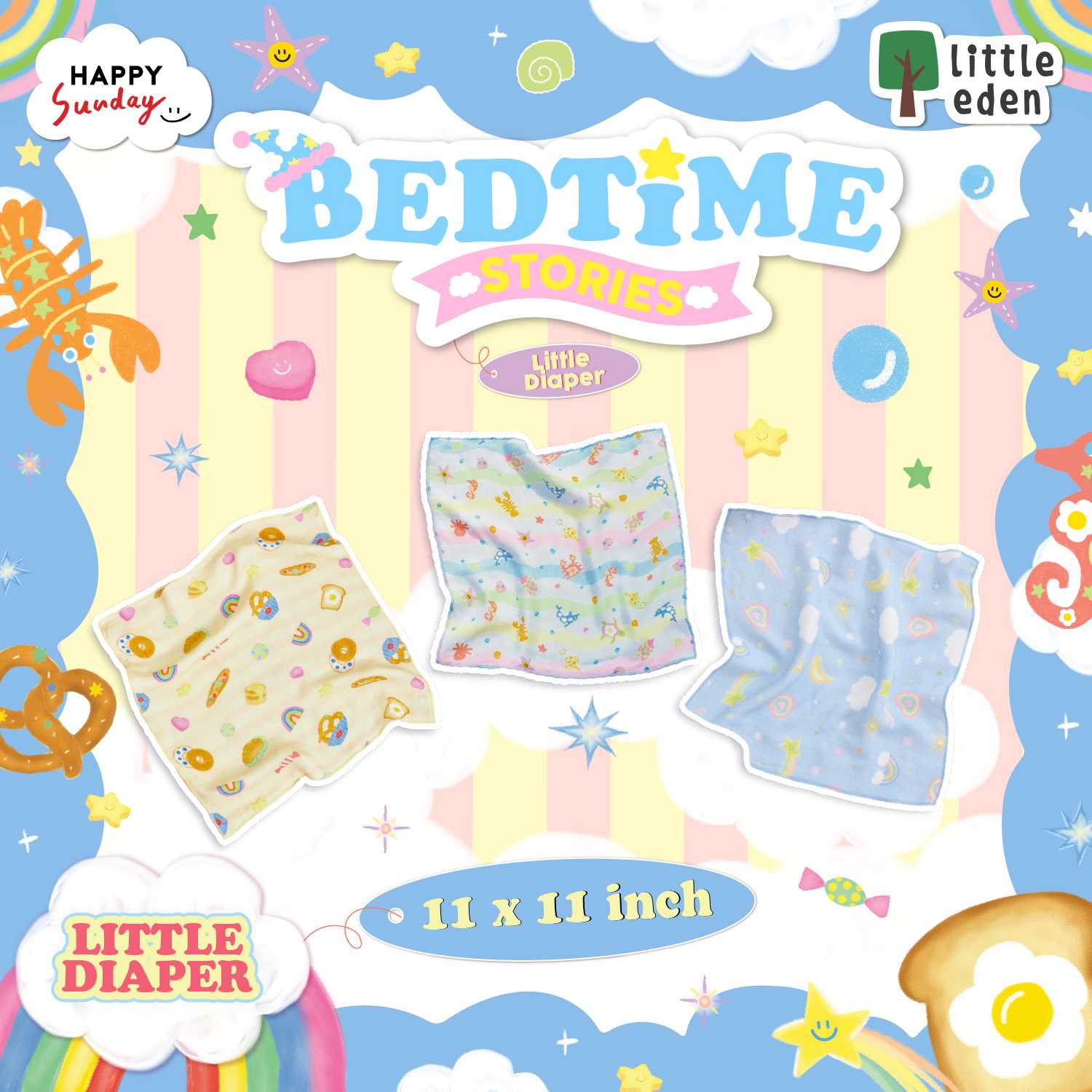 LITTLE EDEN 11x11” MUSLIN DIAPER | ผ้าอ้อมมัสลินใยไผ่ LITTLE EDEN ขนาด 11x11 นิ้ว