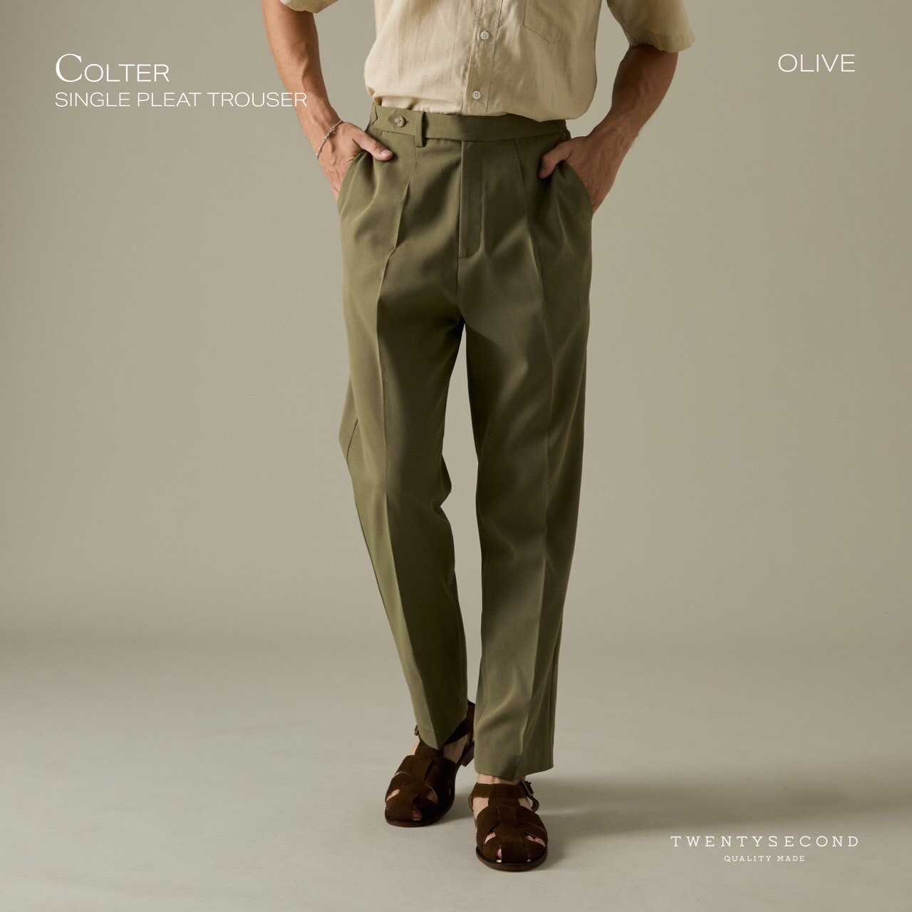 COLTER SINGLE PLEAT TROUSER - OLIVE