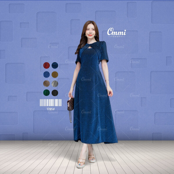 Ommishop ชุดราตรี 1785V ครอปเว้าอก ผ้า Glitter เดรสออกงาน ชุดงานแต่ง เพื่อนเจ้าสาว