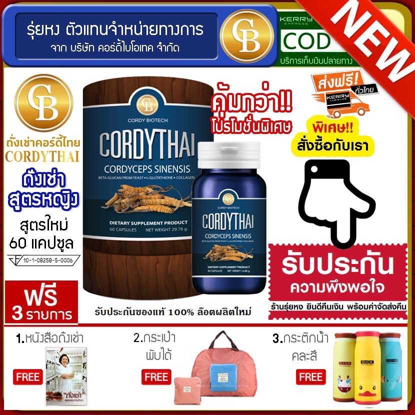 Cordythai ถั่งเช่าคอร์ดี้ไทย สูตรหญิง 1กระปุก (60 แคปซูล) ฟรี หนังสือถั่งเช่า กระเป๋าพับได้ กระติก