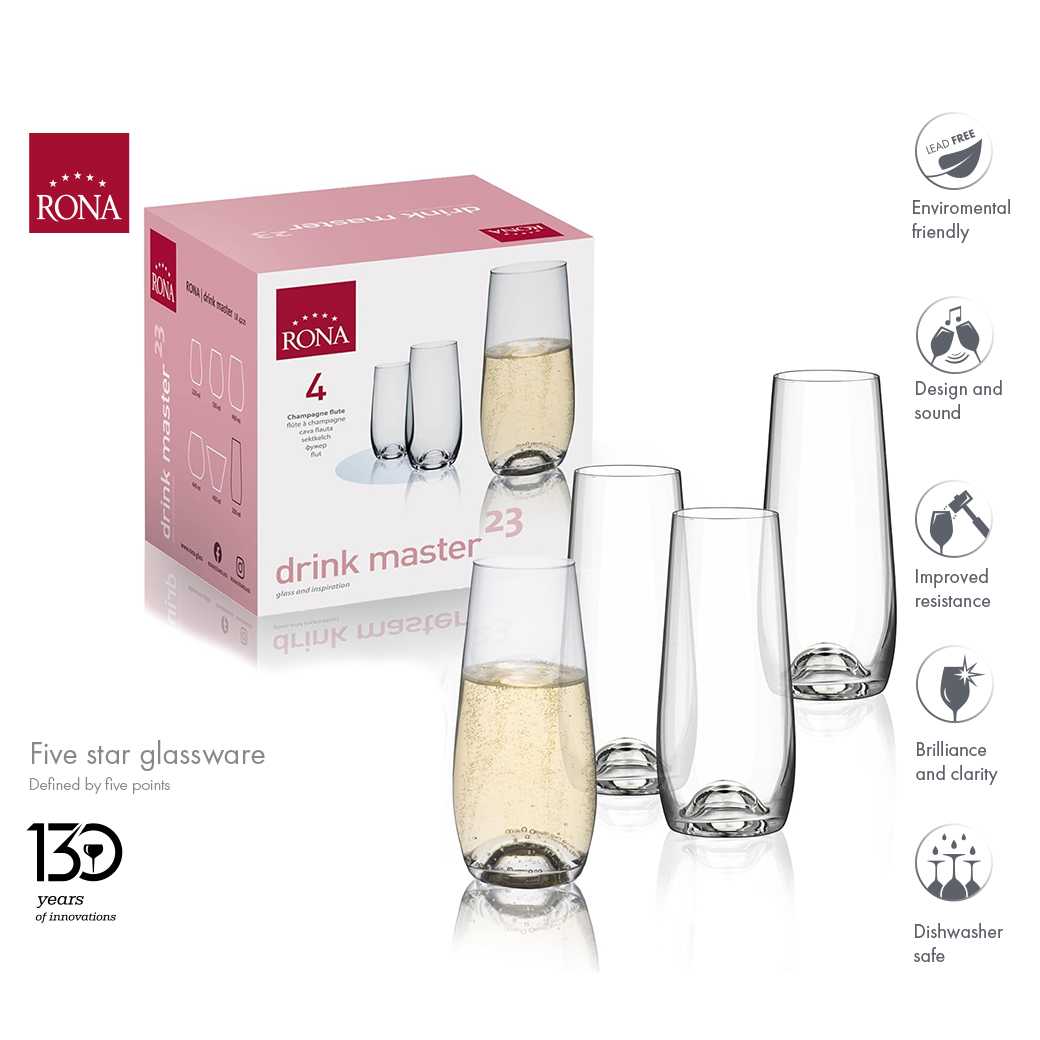 แก้วแชมเปญ Rona Drink Master Champagne Flute 230 ml (กล่อง 4 ใบ)