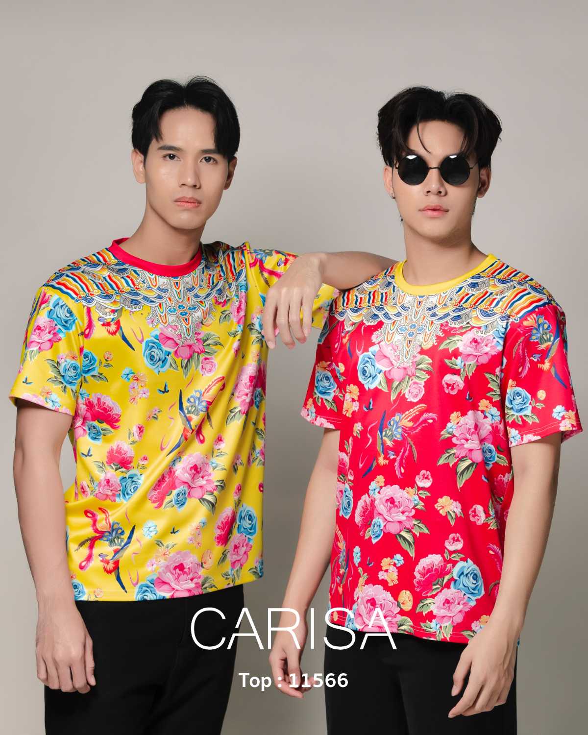 [11566] เสื้อยืดผู้ชาย ลายตรุษจีน ดอกไม้ สีสันสดใส