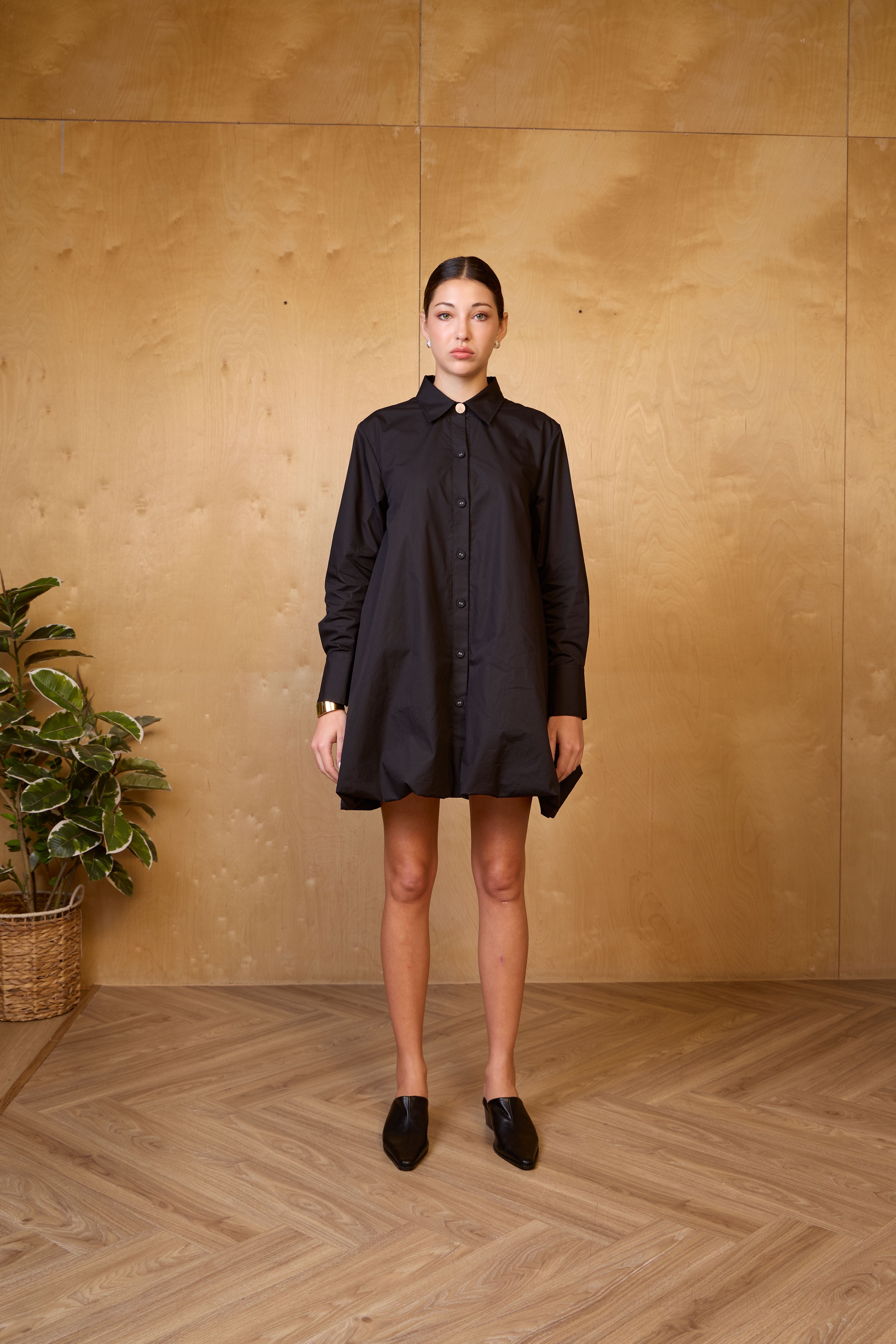 Black Balloon Hem Mini Shirtdress
