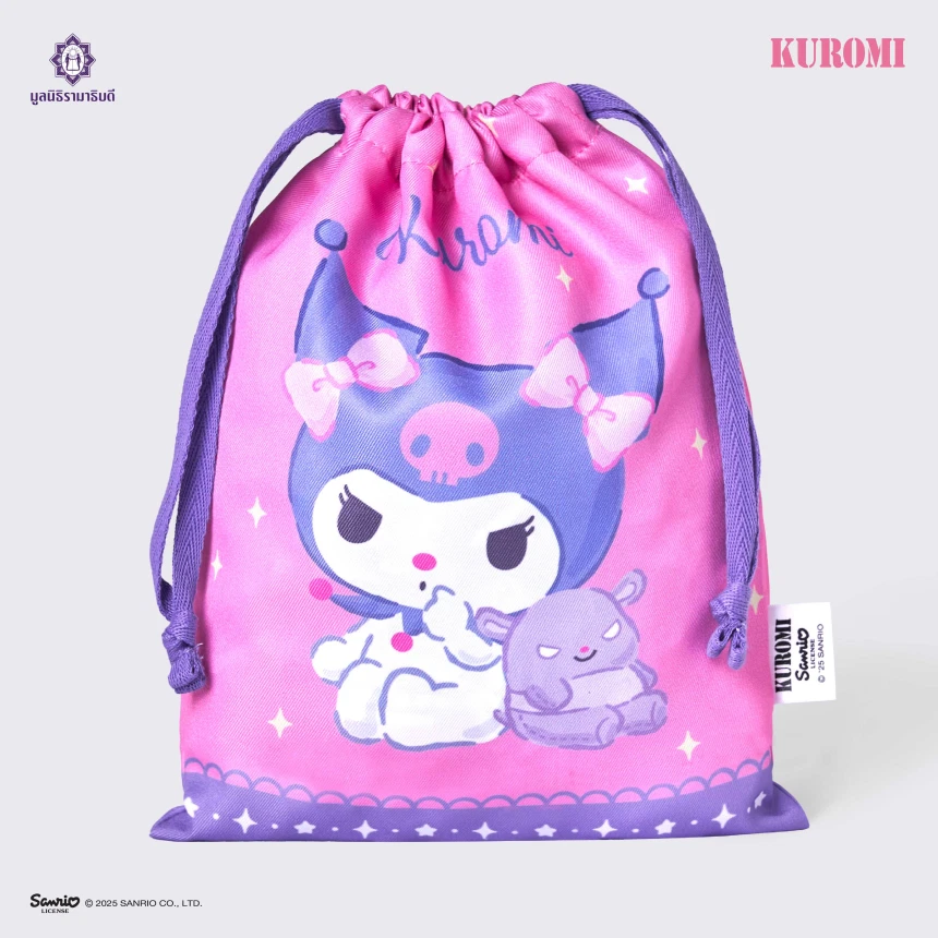 กระเป๋าผ้า ถุงผ้าหูรูด สีชมพู Kuromi สินค้าจากมูลนิธิรามาธิบดี