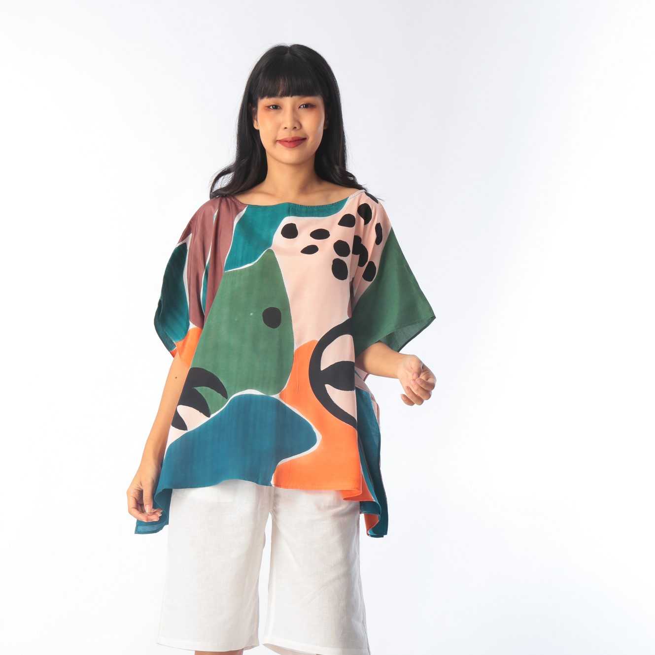 (Pre-order) Poncho Cotton Rayon Blouse Hand paint For Summer Beach Vacation Normal Size