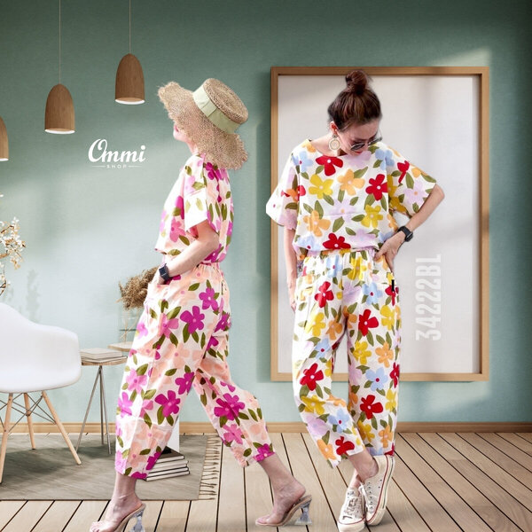 Ommishop 34222BL ชุดเซ็ท เสื้อคอกลมแขนสั้น และกางเกงขาจีบ ลายดอกบีซี่ลิซซี่ Cotton Japan 100% (Bo...