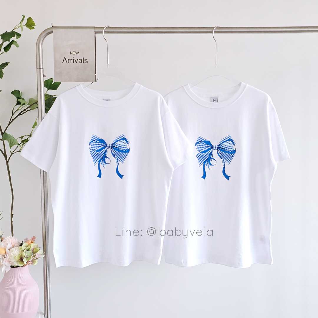 RonRon Gingham Double Ribbon Basic Fit T-Shirt (White Blue)