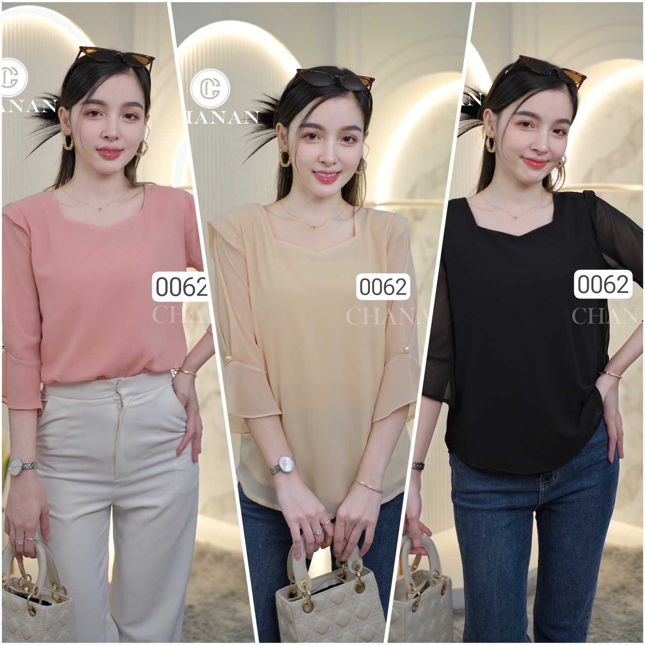 0062 เสื้อผ้าชีฟอง คอเหลี่ยม ทรงสวย ผ้าใส่สบาย ไม่ร้อน มี3สี