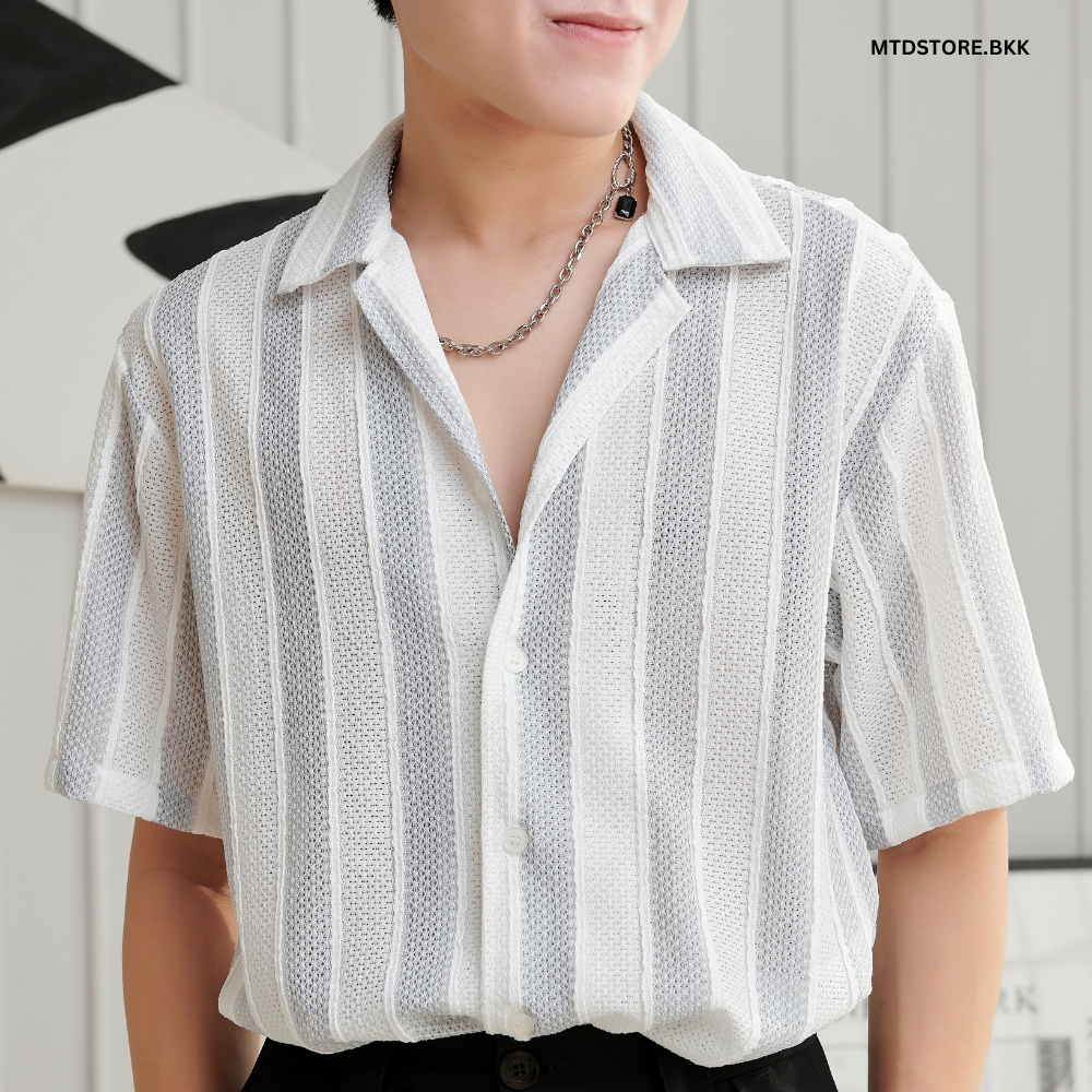 MTDstore.bkk เสื้อเชิ้ตลายทางแขนสั้น ซีทรู คอปกกระดุมหน้่า Shirt Clothing
