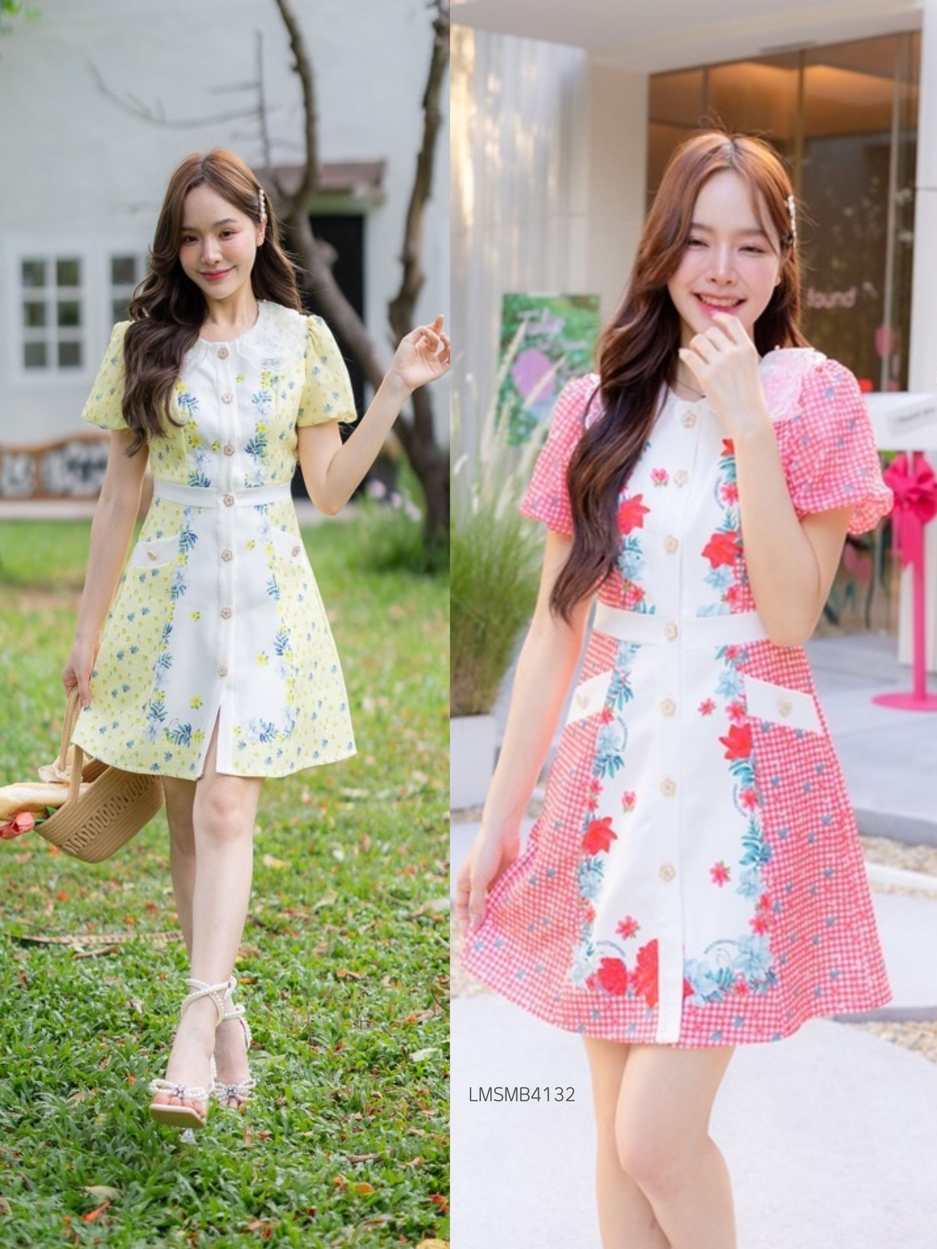 S-XL เดรสสั้นลายดอก LMSMB4132