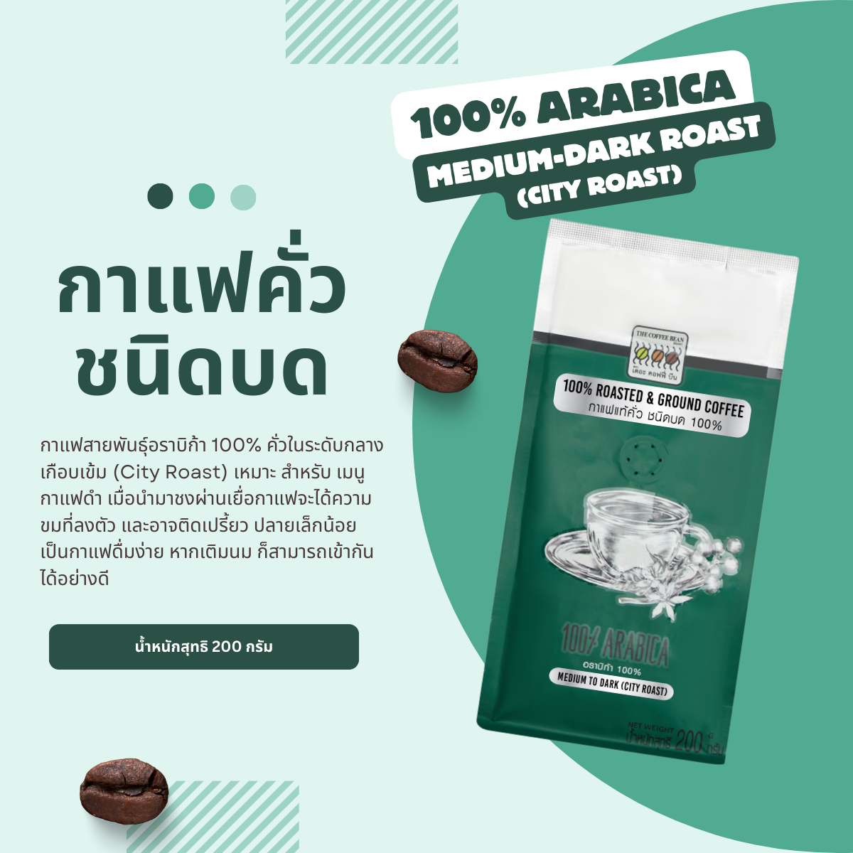กาแฟคั่วบด อราบิก้า 100% คั่วกลางเกือบเข้ม 200 กรัม
