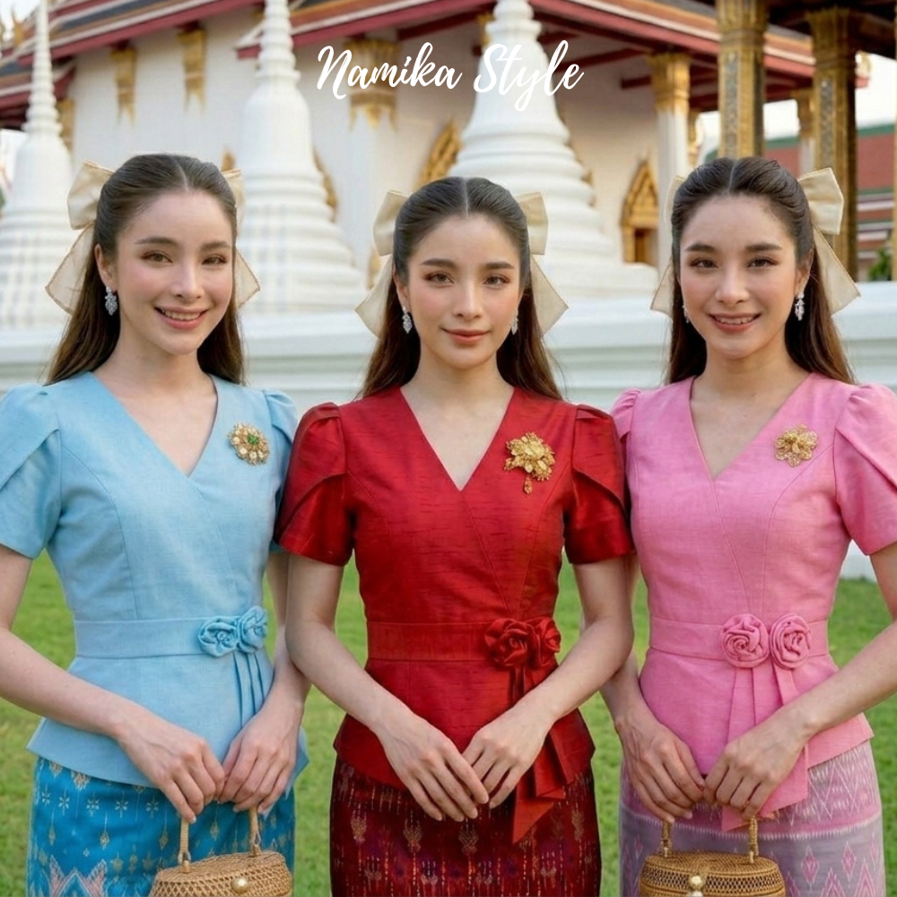 เสื้อผ้าไหมลาว คอวีป้าย ชายระบาย แต่งดอกไม้ที่เอว แขนกลีบบัว ใส่ไปงานบวชงานบุญสวยมาก
