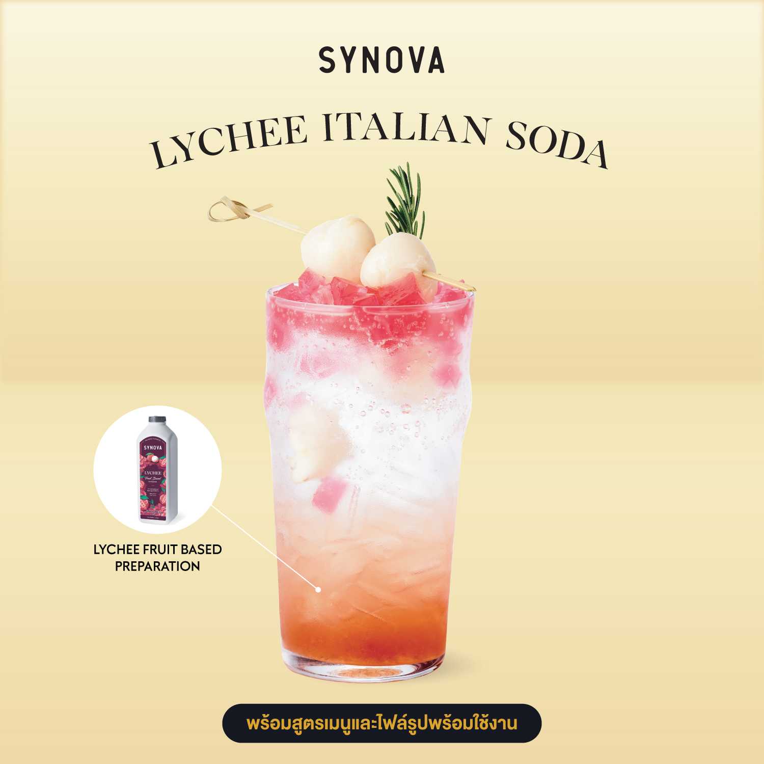 เซ็ตเครื่องดื่ม SYNOVA : เมนูลิ้นจี่อิตาเลียนโซดา พร้อมภาพ และสูตรชงเครื่องดื่ม (เซ็ต)
