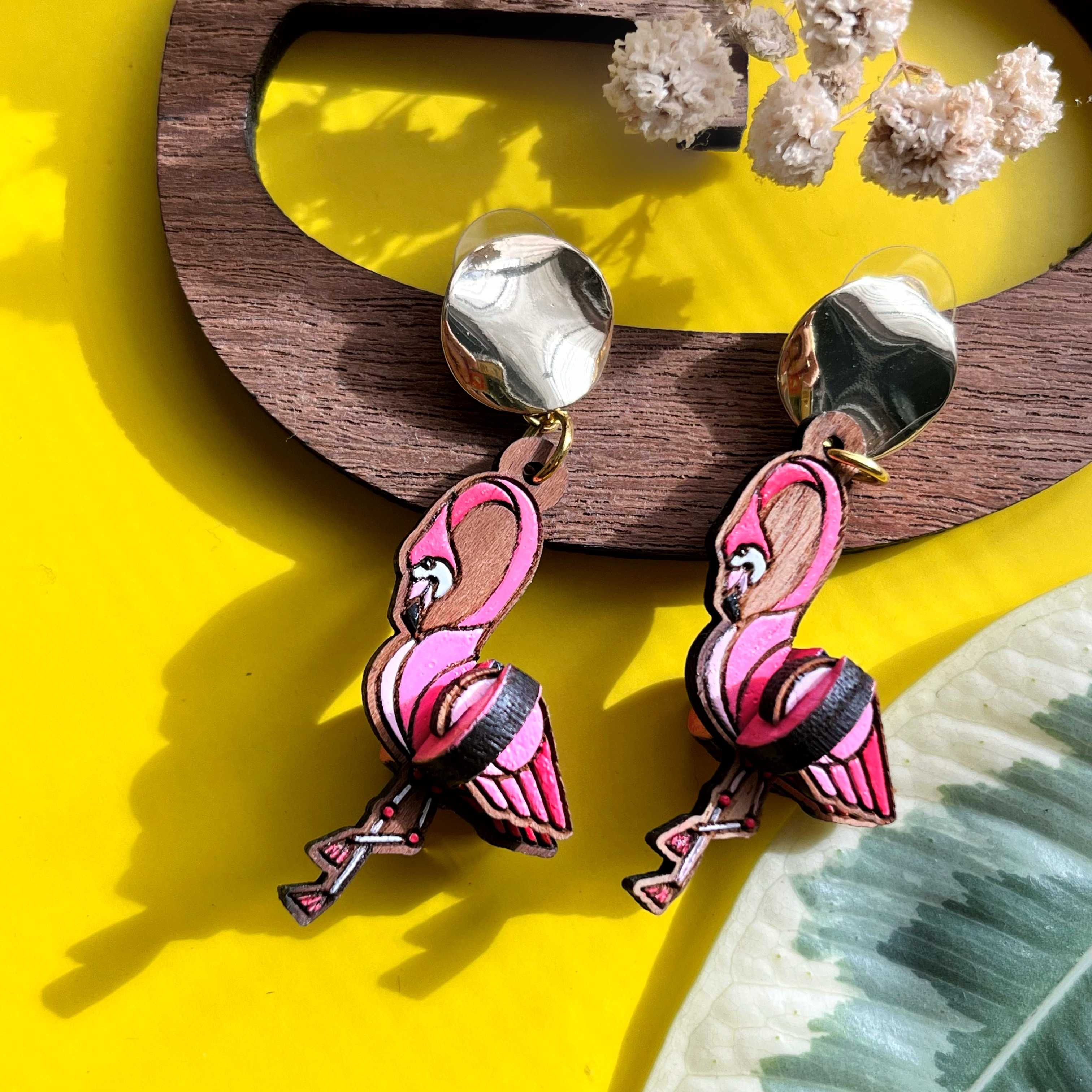 Wooden 3D dangle earring Flamingo