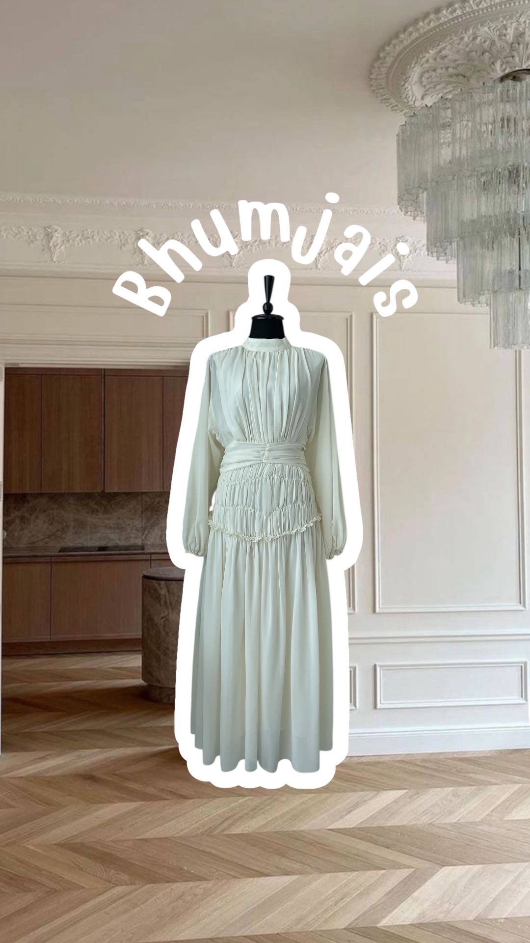 #BJChiffonDress1020 (1490THB)—ivory/olive—