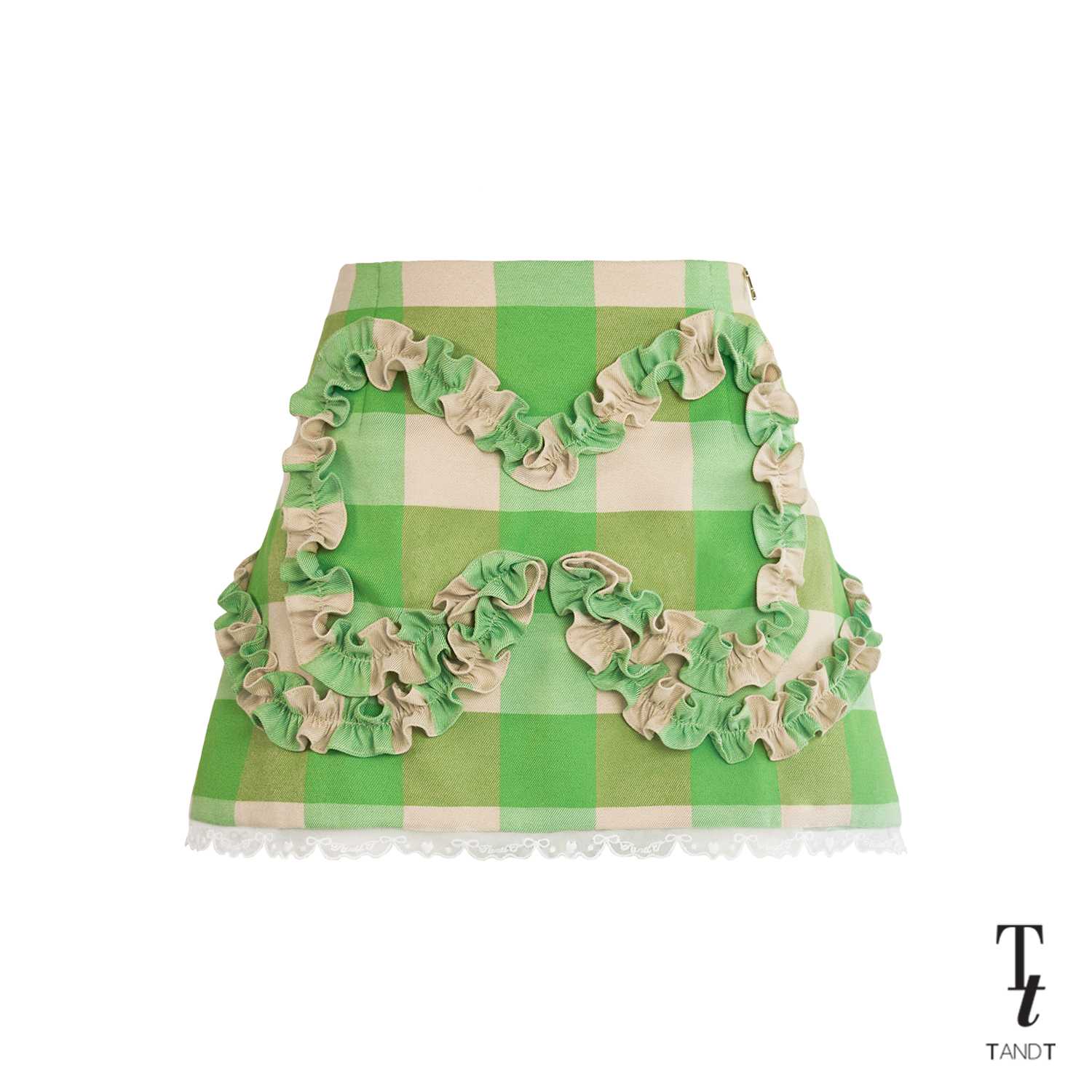 STEFF GREEN - BOW-SHAPED RUFFLE GINGHAM MINI SKIRT